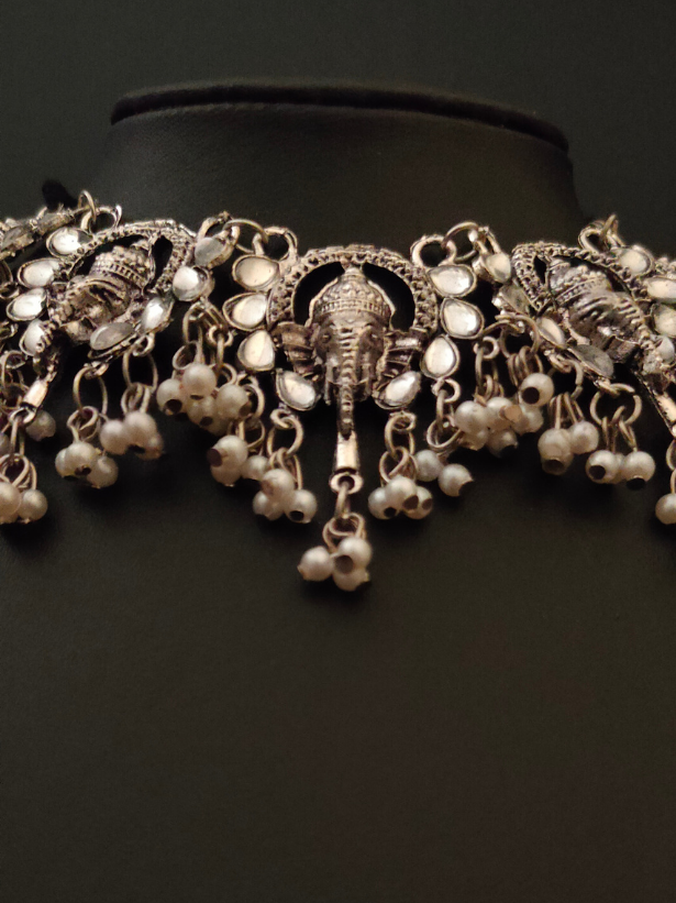 Oxidised Silver Ganesha Choker Necklace Set with Thread Closure