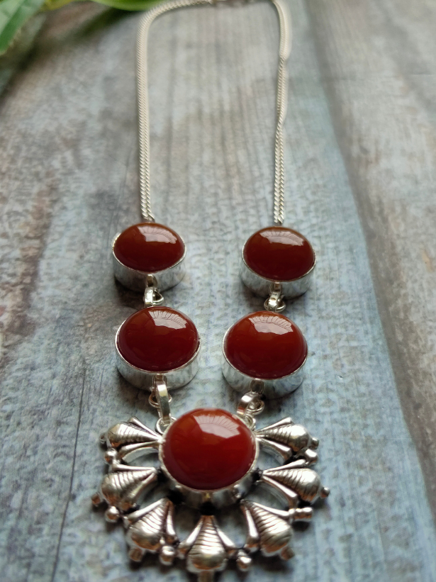 Natural Carnelian Gemstone Silver Plated Necklace 18" To 20"