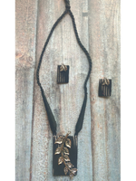Load image into Gallery viewer, Black Ikat Printed Fabric Necklace Set with Metal Leaves Detailing
