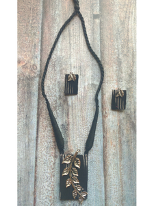 Black Ikat Printed Fabric Necklace Set with Metal Leaves Detailing