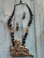 Load image into Gallery viewer, Statement Ganesha Necklace with Black Fabric Beads
