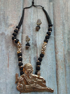 Statement Ganesha Necklace with Black Fabric Beads