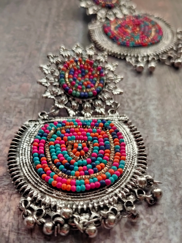Oxidised Silver Metal Earrings with Multi-Color Beads