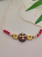Load image into Gallery viewer, Simple Yet Elegant Wooden Centerpiece Rakhi with Metal and Beads Detailing
