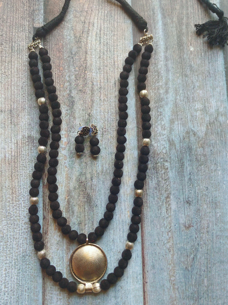 2 Layer Necklace Set with Fabric Beads and Metal Pendant