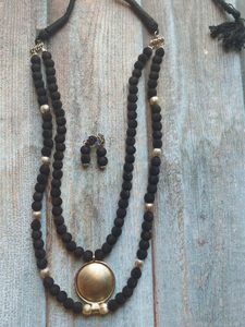 2 Layer Necklace Set with Fabric Beads and Metal Pendant