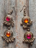 Load image into Gallery viewer, 3 Layer Pink and Orange Oxidised Silver Necklace Set with Thread Closure
