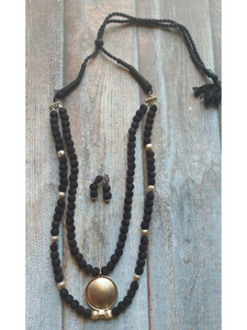 2 Layer Necklace Set with Fabric Beads and Metal Pendant