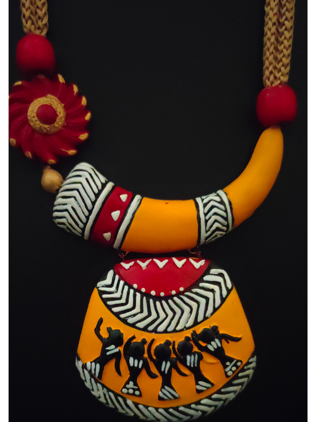 Tribal Motifs Red & Yellow Beaded Terracotta Necklace Set