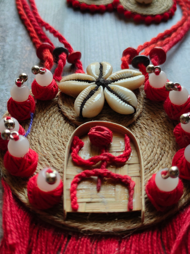 Jute and Shell Work Handcrafted Necklace Set with Thread Closure