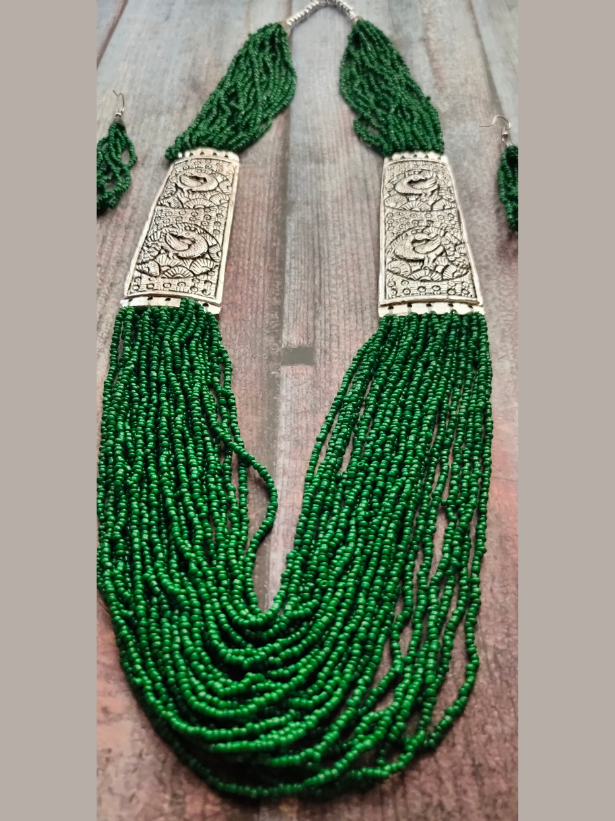 Green Beaded Multi Layered Necklace Set with Metal Detailing
