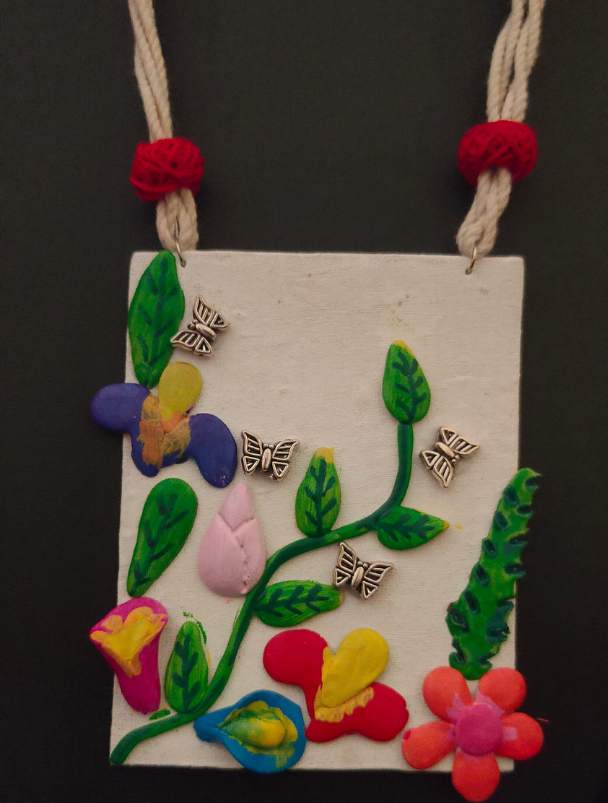 Hand-Painted Clay Flowers with Fabric Rope and Beads Necklace Set