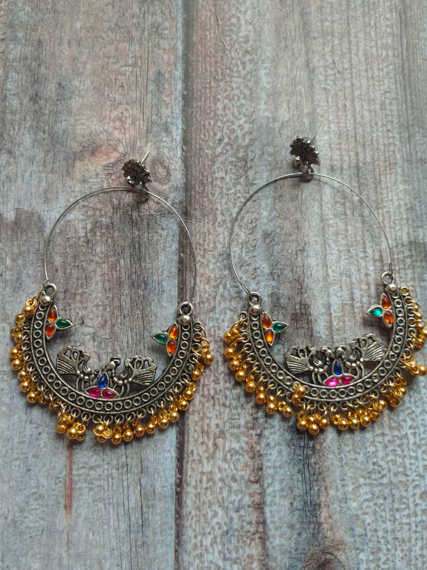 Peacock Detailing Chandbali with Multi-Color Rhinestones and Golden Beads