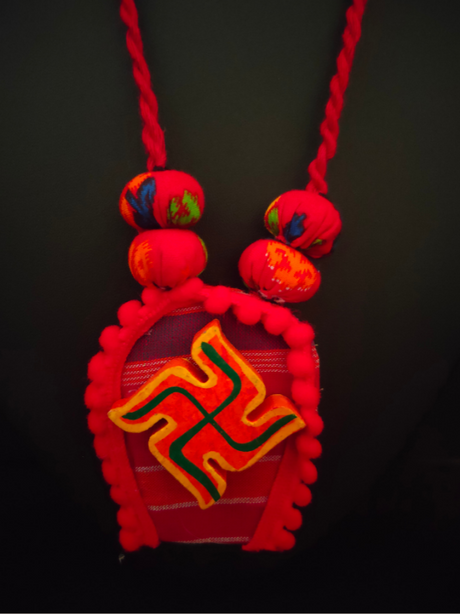 Swastik Fabric Necklace Set with Fabric Beads and Shell Earrings