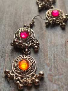 3 Layer Pink and Orange Oxidised Silver Necklace Set with Thread Closure
