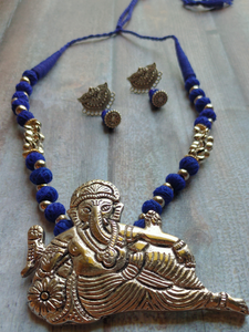Statement Ganesha Necklace with Blue Fabric Beads