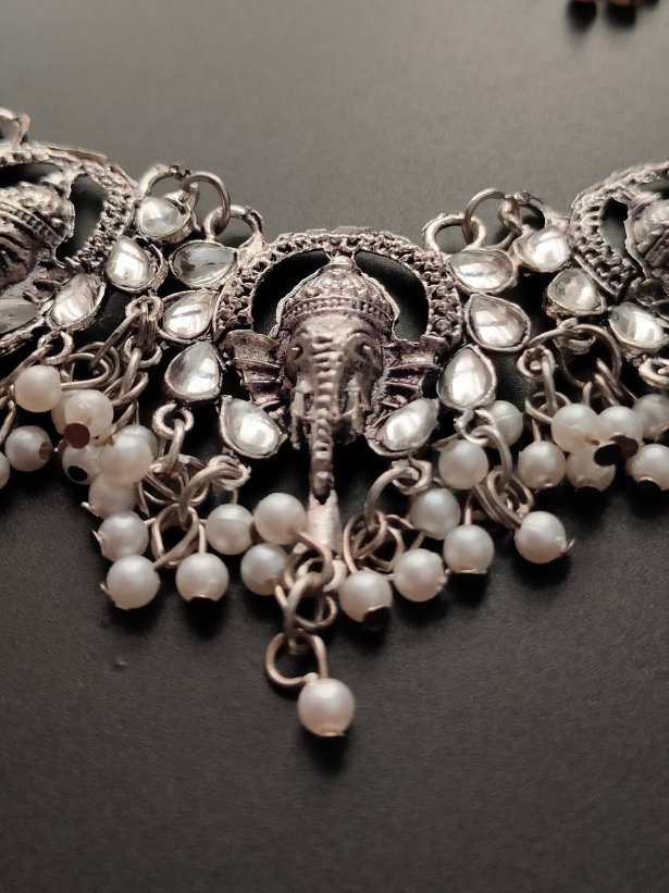 Oxidised Silver Ganesha Choker Necklace Set with Thread Closure