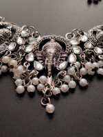 Load image into Gallery viewer, Oxidised Silver Ganesha Choker Necklace Set with Thread Closure
