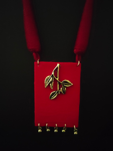 Red Fabric Necklace Set with Metal Leaves and Beads Detailing