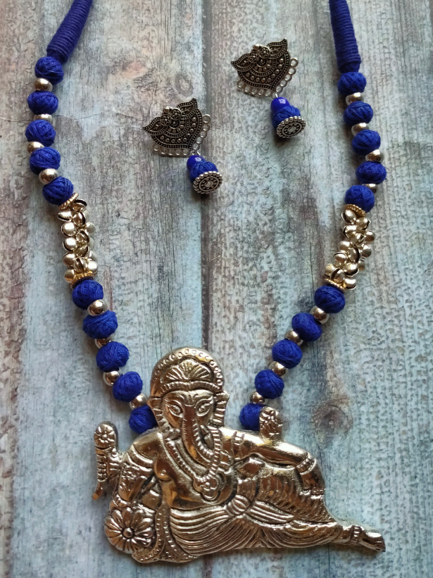 Statement Ganesha Necklace with Blue Fabric Beads