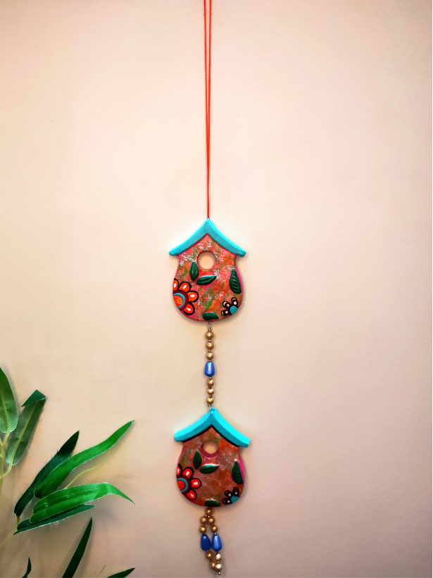 Handmade and Hand-Painted 2 Floral Huts Terracotta Wall Hanging