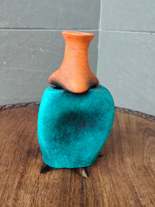 Turquoise and Orange Handcrafted Flask Shaped Terracotta Clay Pot