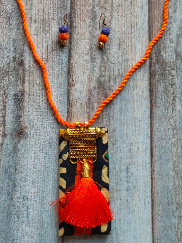 Indigo & Red Fabric Necklace Set with Metal Pendant
