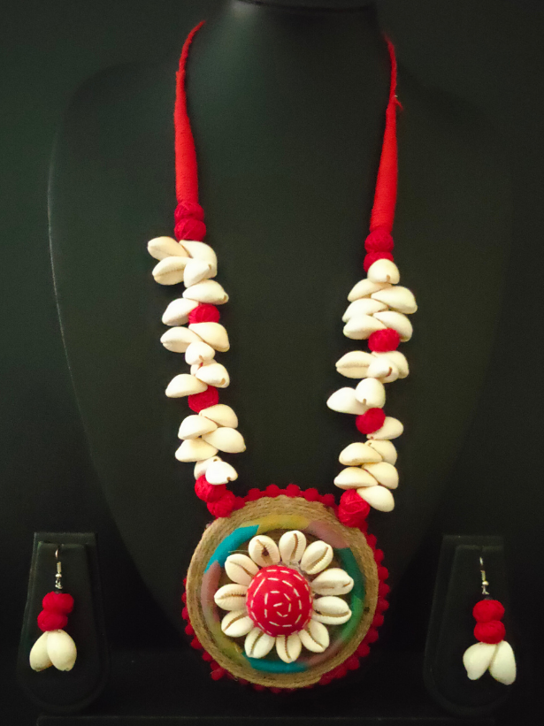 Shell and Jute Work Kantha Embroidered Fabric Necklace Set