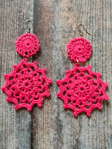 Pink Hand Knitted Crochet Dangler Earrings
