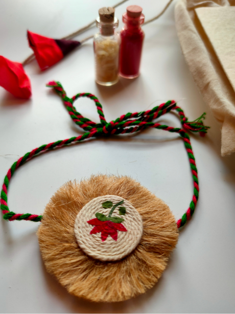 Eco-Friendly Handmade Jute Rakhi with Dried Leaves and Flower Petals (Comes with a Reusable Cloth Pouch and Recycled Paper Card)