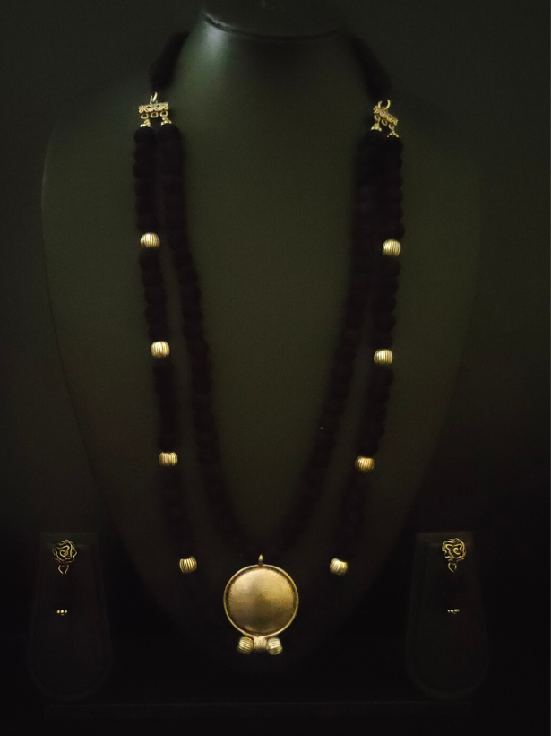 2 Layer Necklace Set with Fabric Beads and Metal Pendant