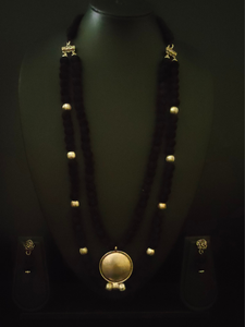2 Layer Necklace Set with Fabric Beads and Metal Pendant