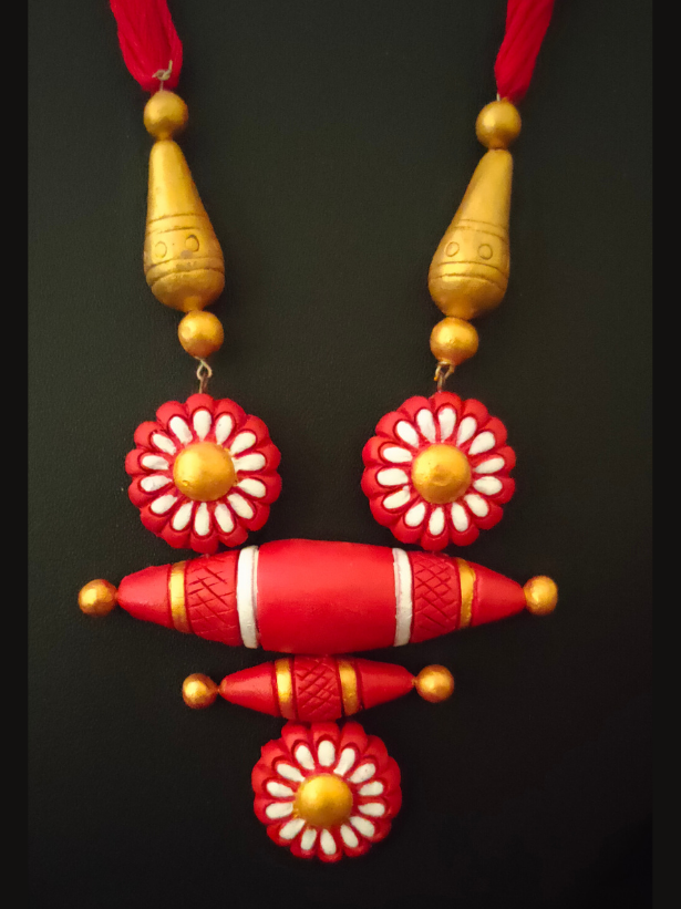 Handcrafted Red, Golden and White Terracotta Necklace Set