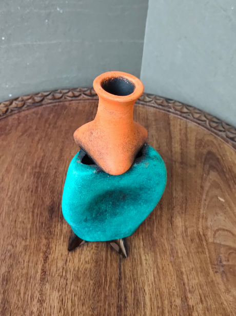 Turquoise and Orange Handcrafted Flask Shaped Terracotta Clay Pot