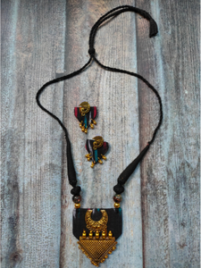 Ikat Fabric Necklace Set with Antique Gold Finish Metal Accents