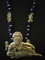 Load image into Gallery viewer, Statement Ganesha Necklace with Blue Fabric Beads
