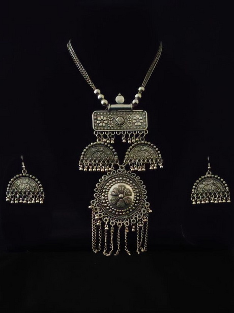 Long Chain Oxidised Silver Tribal Necklace Set