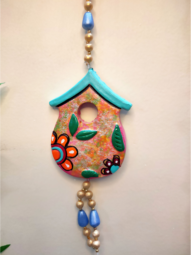Handmade and Hand-Painted 2 Floral Huts Terracotta Wall Hanging
