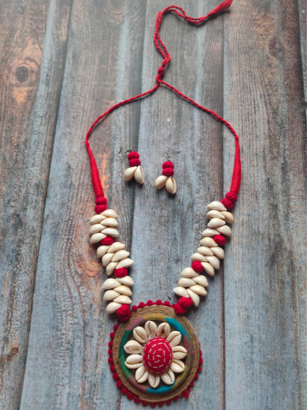 Shell and Jute Work Kantha Embroidered Fabric Necklace Set