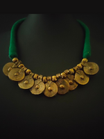 Load image into Gallery viewer, Brass Finish Dhokra Necklace Set with Green Thread Closure
