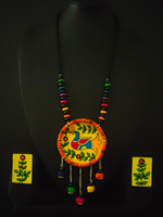 Load image into Gallery viewer, Hand-Painted Peacock on Fabric Necklace Set with Wooden Beads
