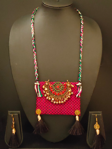 Fabric Necklace Set with Afghani Metal Pendant and Thread Closure