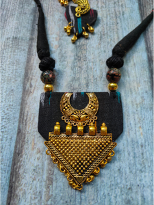 Ikat Fabric Necklace Set with Antique Gold Finish Metal Accents
