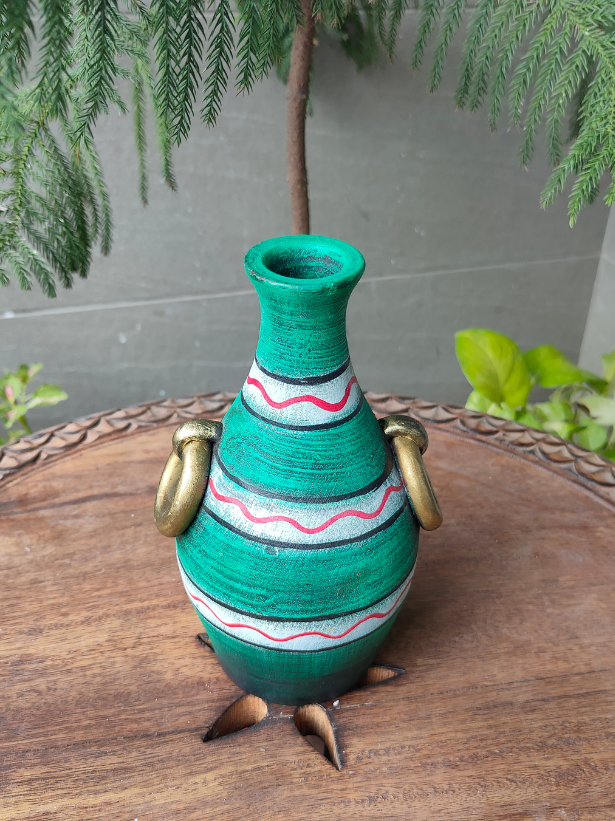 Sea Green with Golden Accents Handcrafted Traditional Terracotta Clay Pot
