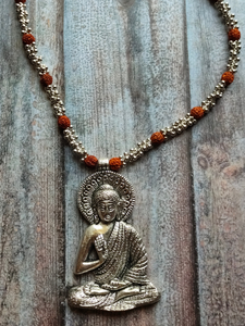 Buddha Silver Rudraksha Beads and Metal Beads Necklace
