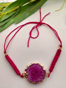 Natural Fuchsia Agate Stone Marble Rakhi with Gold Detailing