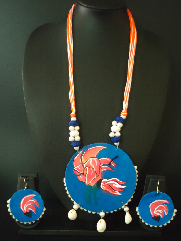 Hand Painted Fabric Necklace Set with Shells