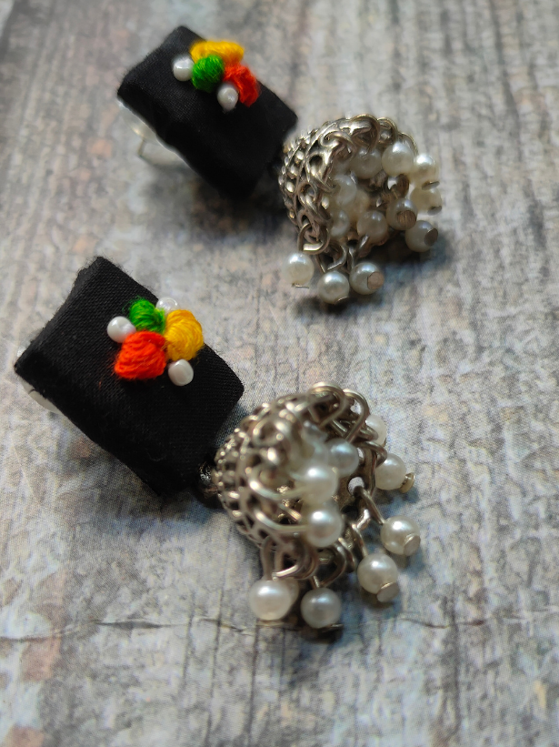 Handcrafted Black Fabric Earrings with Jhumka Danglers