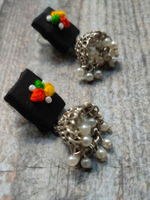 Load image into Gallery viewer, Handcrafted Black Fabric Earrings with Jhumka Danglers
