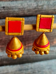 Handcrafted Red and Golden Terracotta Clay Jhumka Earrings